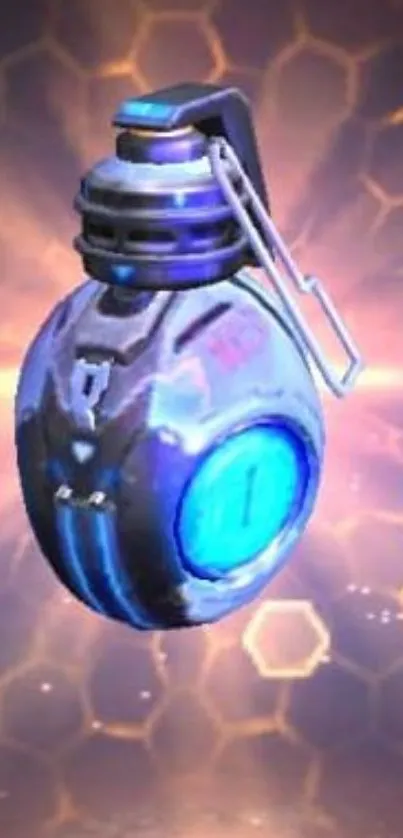 Futuristic blue grenade with glowing hexagonal background.