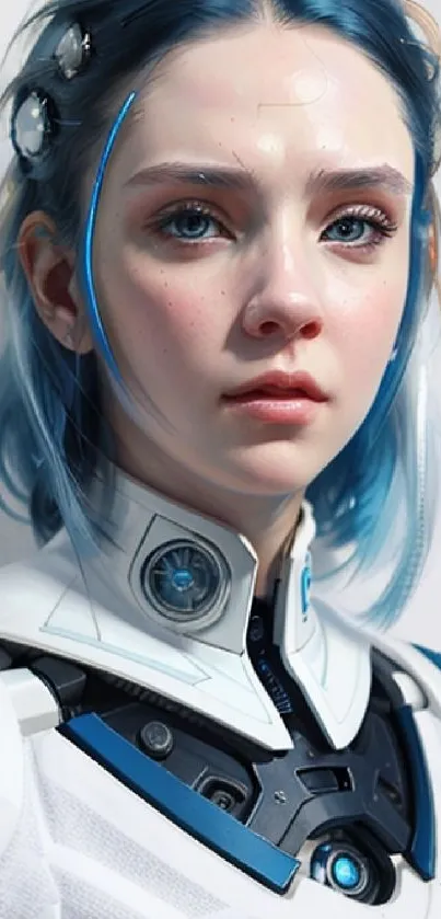 Futuristic android woman with blue hair in sci-fi attire.