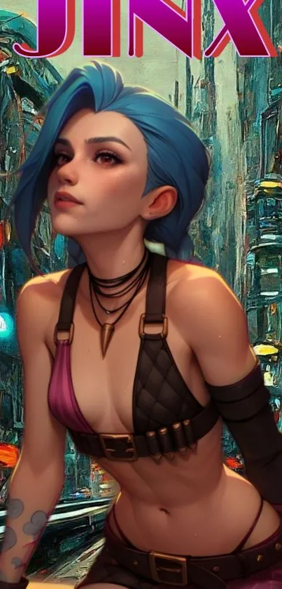 Anime character in a vibrant futuristic cityscape.