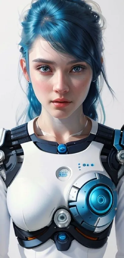 Futuristic blue-haired girl in robotic armor with vibrant colors.