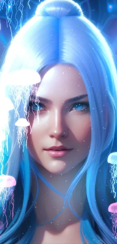 Futuristic fantasy portrait with blue hair and vibrant colors.