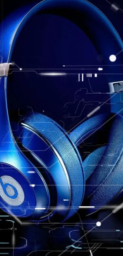 Futuristic blue headphones with neon lights on a dark background.