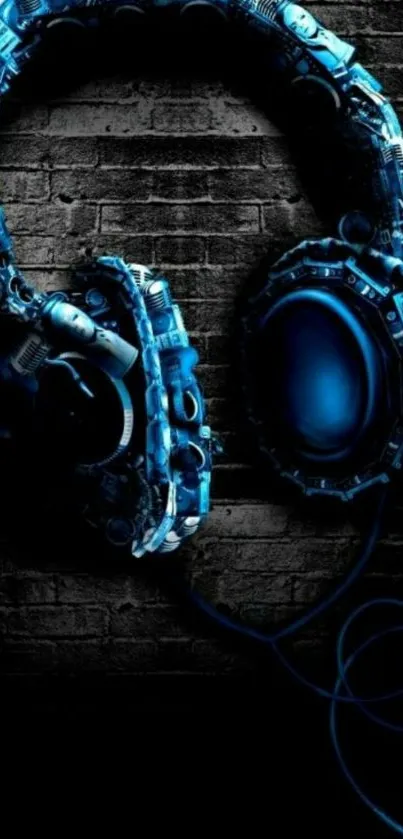 Blue futuristic headphones on dark background wallpaper.