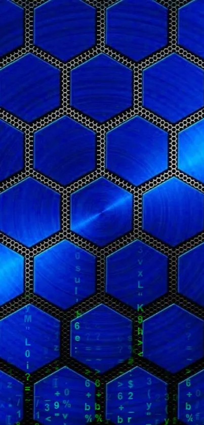 Futuristic mobile wallpaper with blue hexagon pattern and digital elements.