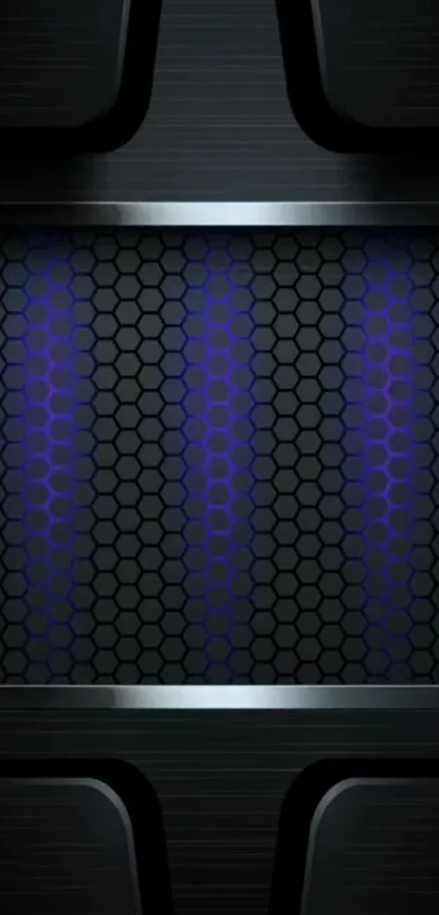 Futuristic mobile wallpaper with blue hexagon pattern and metallic accents.