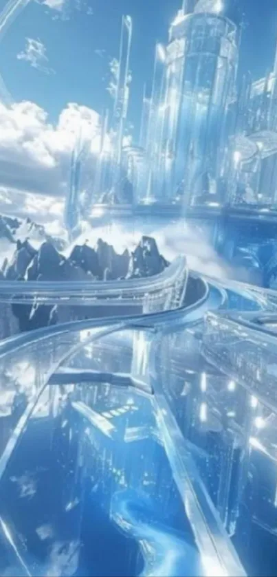 Futuristic blue ice cityscape with skyscrapers.