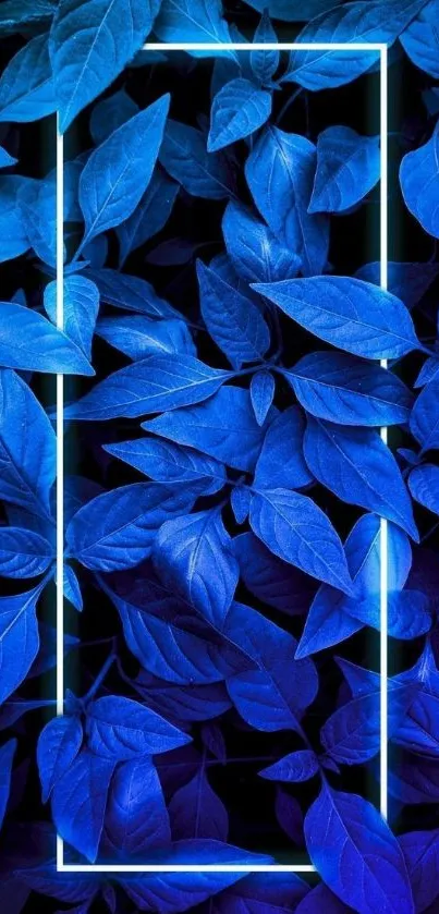 Neon blue leaves with geometric frame design on mobile wallpaper.