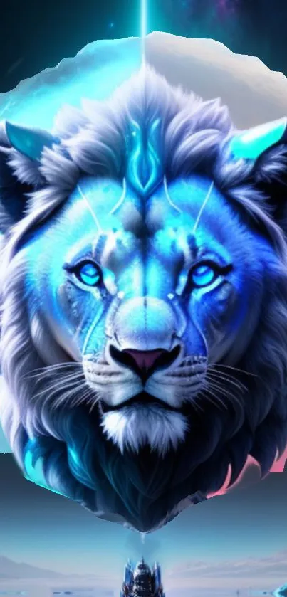 Futuristic blue lion with neon accents in a galaxy-themed wallpaper.