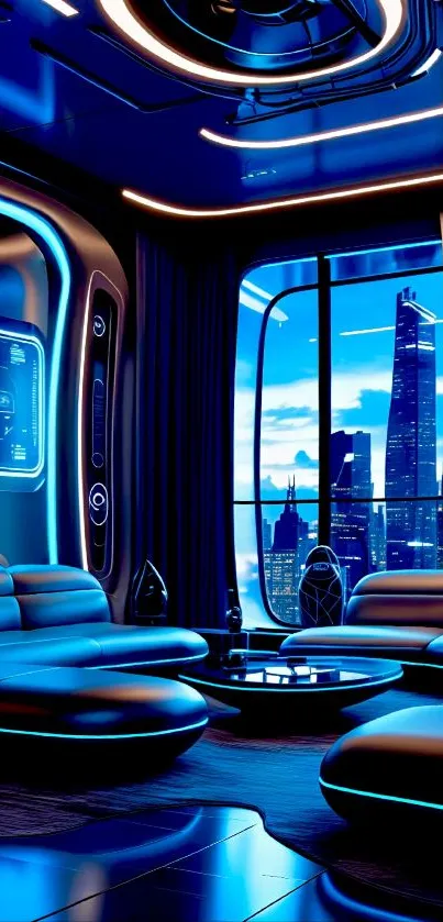 Futuristic lounge with neon blue hues and city skyline view.