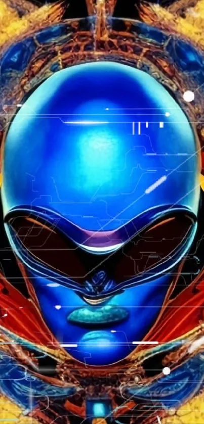 Futuristic blue mask art with vibrant patterns.