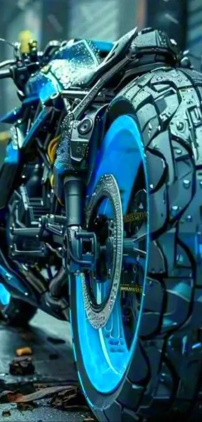 Futuristic blue motorcycle tire with raindrops and urban background.