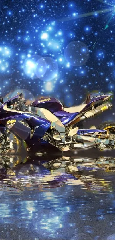 Futuristic blue motorcycle under starry sky, reflecting on water.