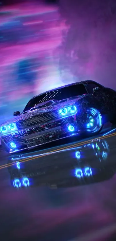 Futuristic blue muscle car with neon lights on road.