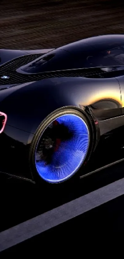 Futuristic car with neon blue wheels at night.