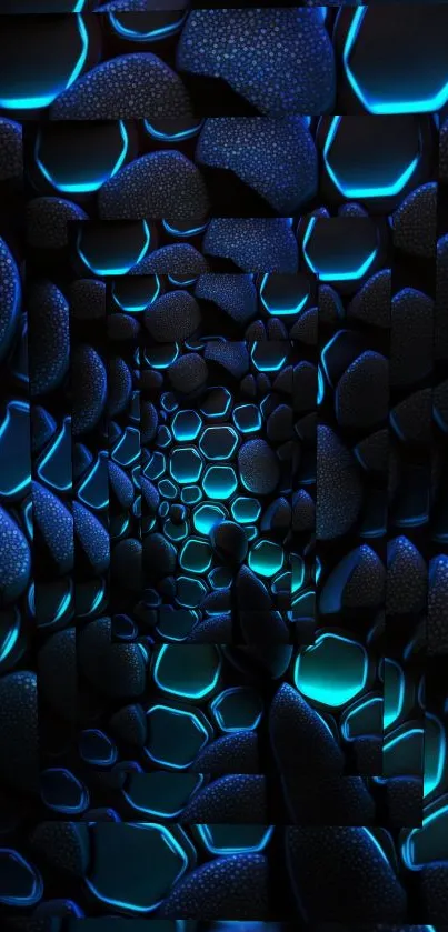 Futuristic blue neon geometric wallpaper with hexagonal patterns.