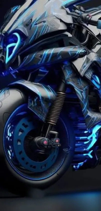 Futuristic motorcycle with blue neon accents and intricate design on dark background.