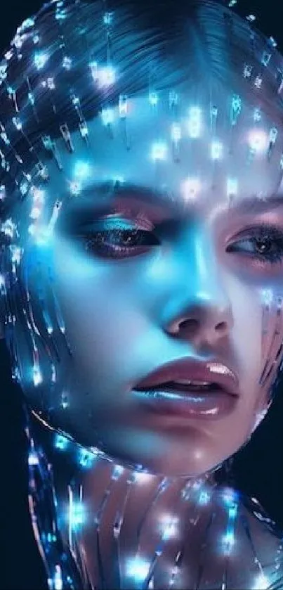 Futuristic face with neon blue light and sleek digital design.