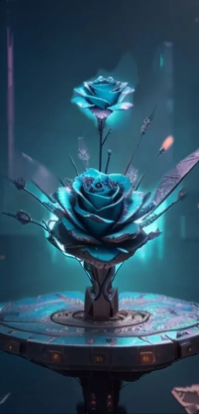 Futuristic wallpaper of blue neon rose on tech pedestal.