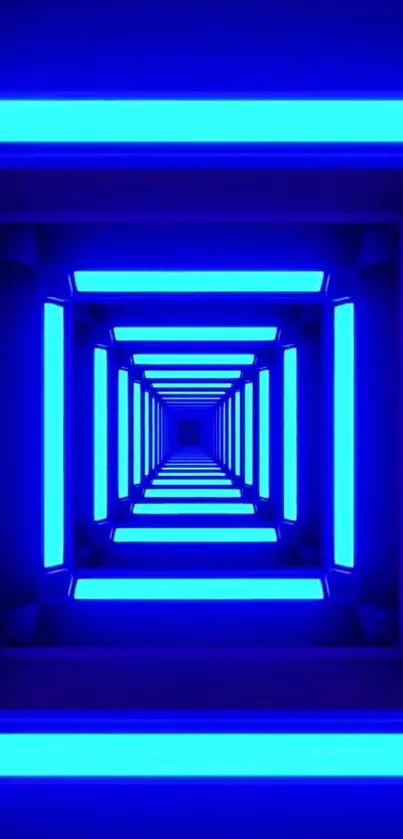 Futuristic blue neon tunnel wallpaper with glowing lights.