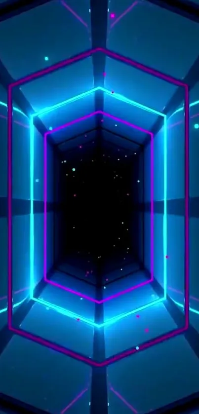 Futuristic neon blue tunnel wallpaper with geometric design.