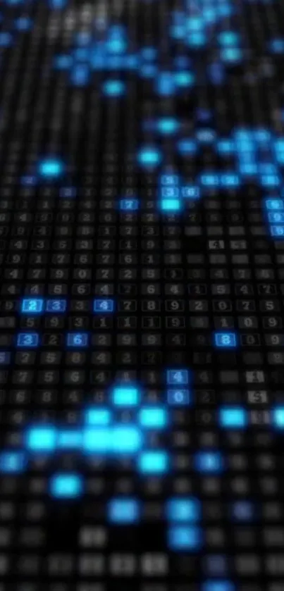 Futuristic blue pixel wallpaper with illuminated numbers and glowing patterns.