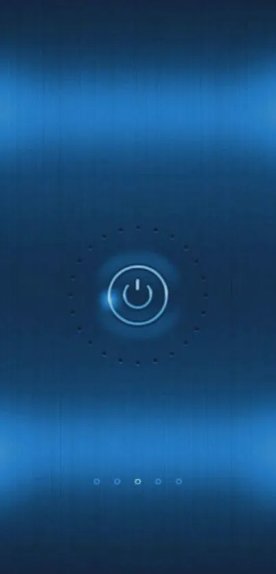 Futuristic blue power button glowing on a dark background.