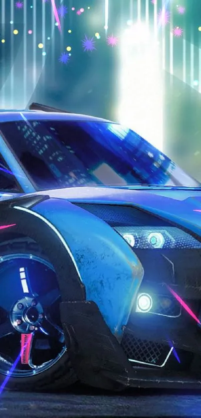 Futuristic blue racing car with vibrant lights.