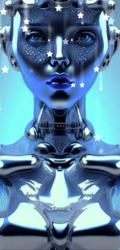 Futuristic blue robot art with reflective metallic design.