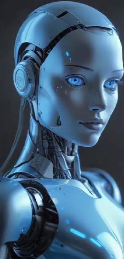 Futuristic blue robot with expressive eyes.