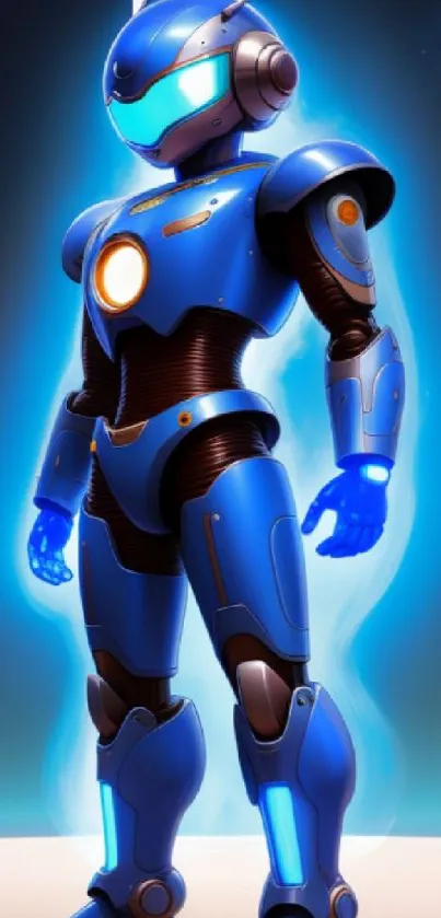 Futuristic blue robot on a digital cosmic background.