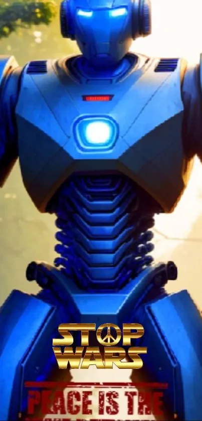 Futuristic blue robot with peace message in sci-fi wallpaper.