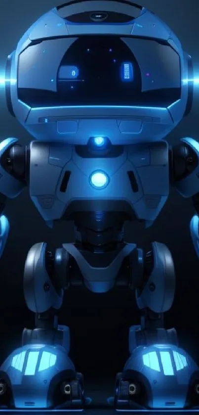 Futuristic blue robot with glowing parts on a digital wallpaper.