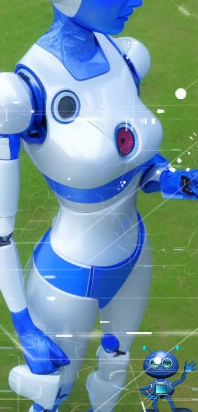 Futuristic blue android on grassy background wallpaper.