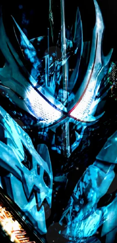 Futuristic blue samurai design wallpaper on mobile.