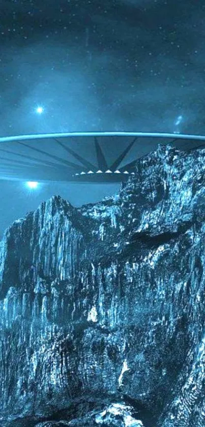 Blue sci-fi landscape with spacecraft hovering over rocky terrain.