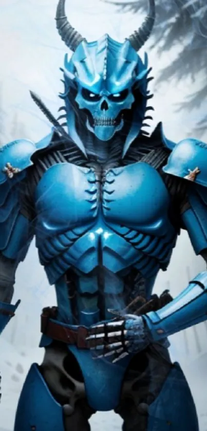 Futuristic skeleton warrior in blue armor amidst a misty forest.