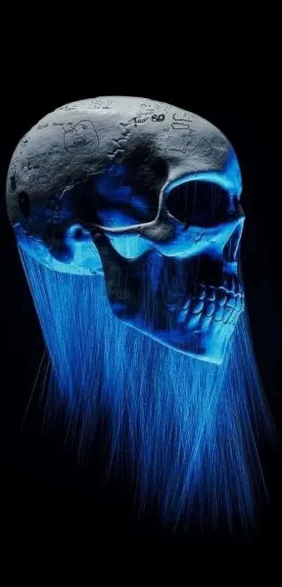 Futuristic blue skull digital art on black background.