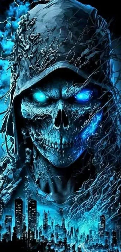 Futuristic blue skull wallpaper with glowing eyes and cityscape.