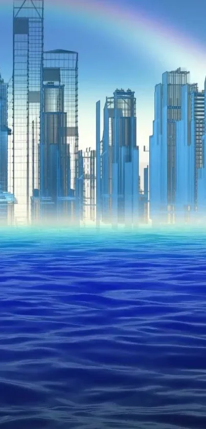 Futuristic skyline with blue ocean and rainbow backdrop.