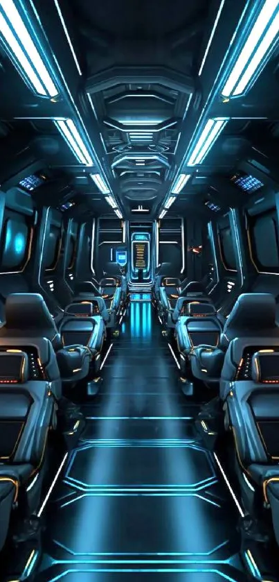 Futuristic spacecraft interior with blue neon lights, perfect for sci-fi lovers.