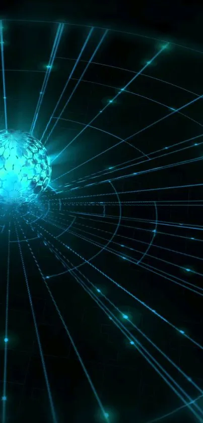 Futuristic digital wallpaper with a glowing blue sphere and radiant lines.