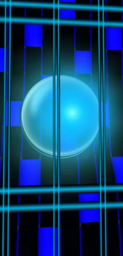 Futuristic blue sphere wallpaper with geometric design.