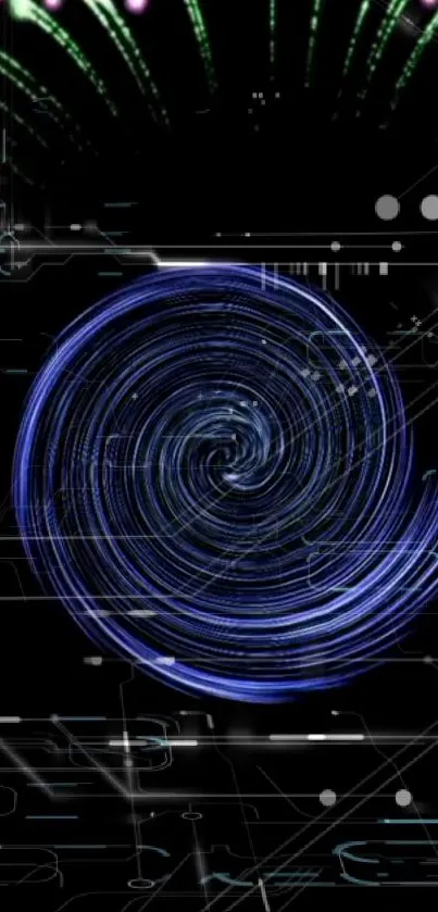 Futuristic blue spiral on black background with neon accents.