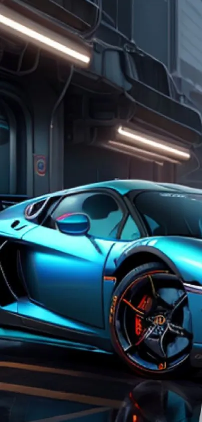 Futuristic blue sports car under city lights.