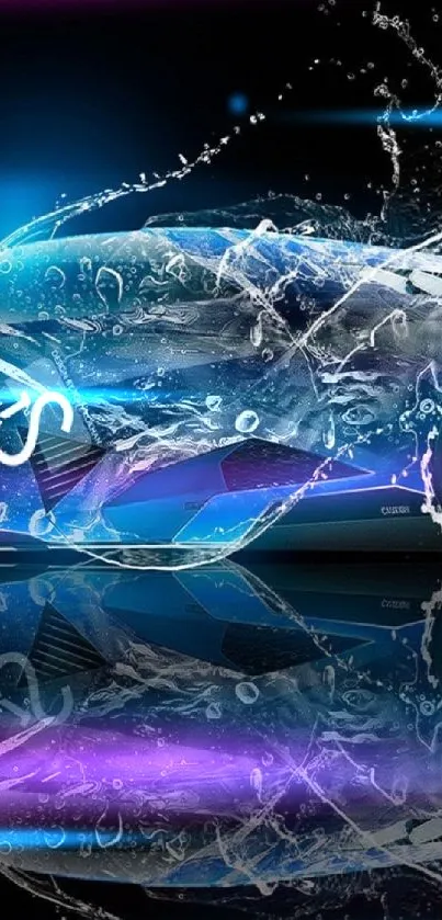 Futuristic blue sports car digital art wallpaper with neon and water effects.