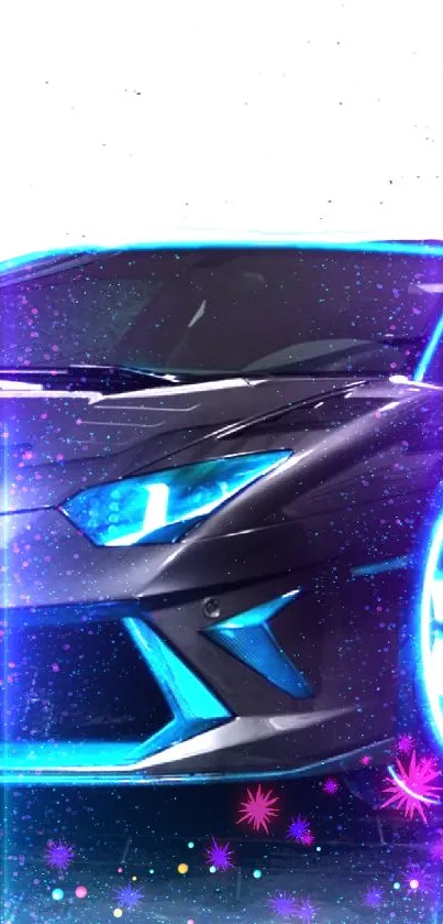 Futuristic blue sports car with neon lights.