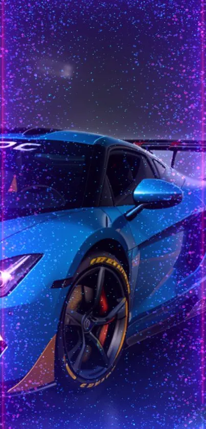 Futuristic blue sports car with neon lights and sleek design wallpaper.