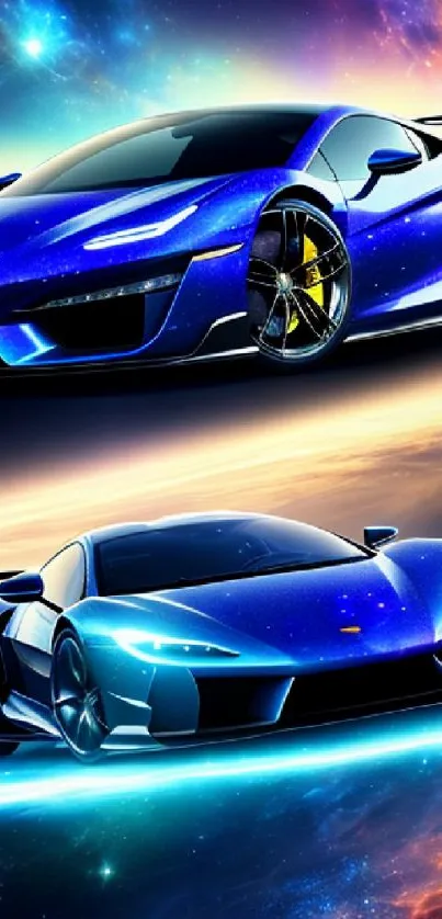 Futuristic blue sports car with vibrant galaxy background.