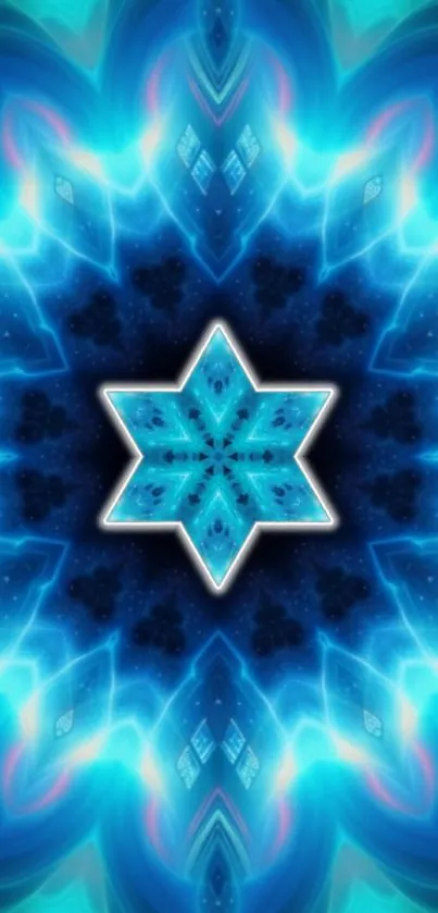 Futuristic blue star kaleidoscope wallpaper.