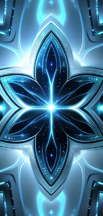 Futuristic blue star pattern with geometric design.